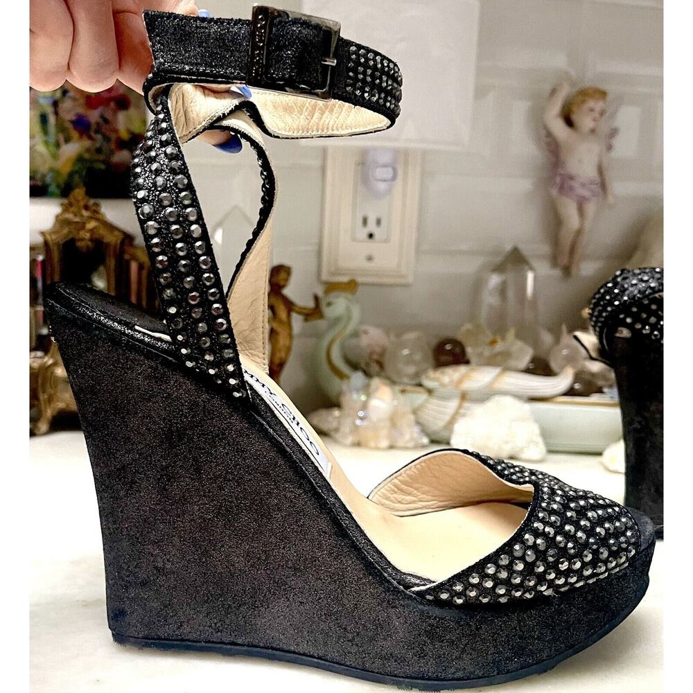 Jimmy Choo Gun Metallic Pable Crystal Hematite studs wedge sandal Heels Ankle 39
